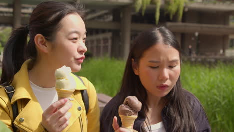 two smiling young female friends meeting and eating ice cream outdoors in park together 1