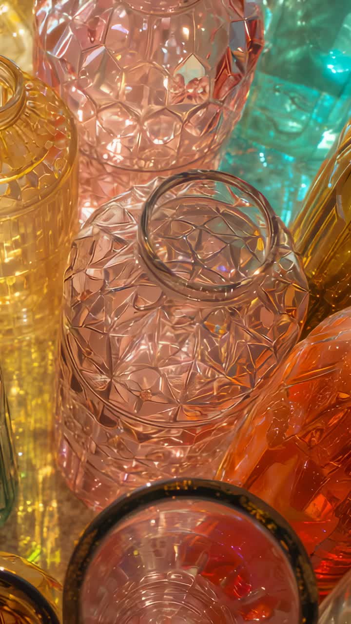 Vertical video: Tilting camera showing central pink faceted bottle on table, exploring light glints