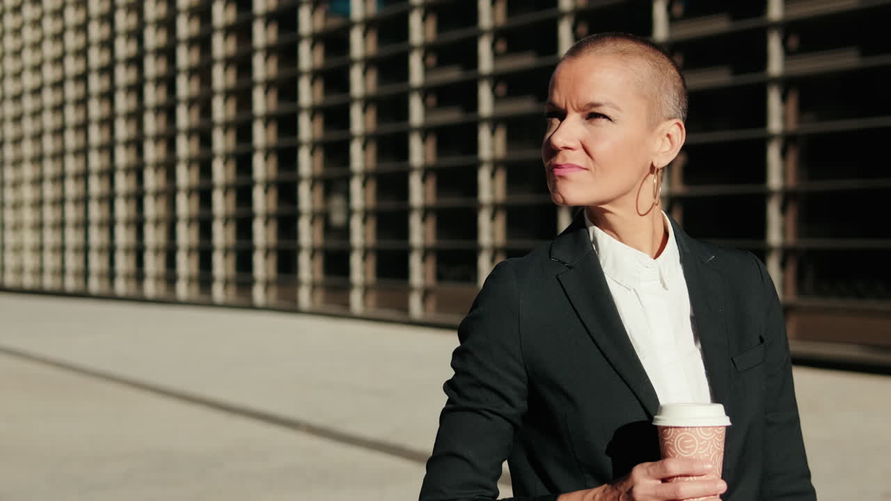 Professional Woman with Shaved Head Walking Outdoors with Coffee Cup
