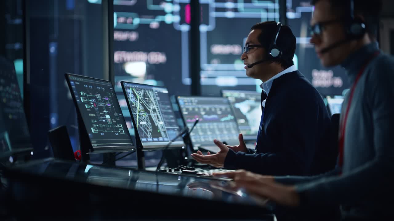 Portrait of Professional IT Technical Support Specialist Working on Computer in Monitoring Control Room with Digital Screens. Employee Wears Headphones with Mic and Talking on a Call.