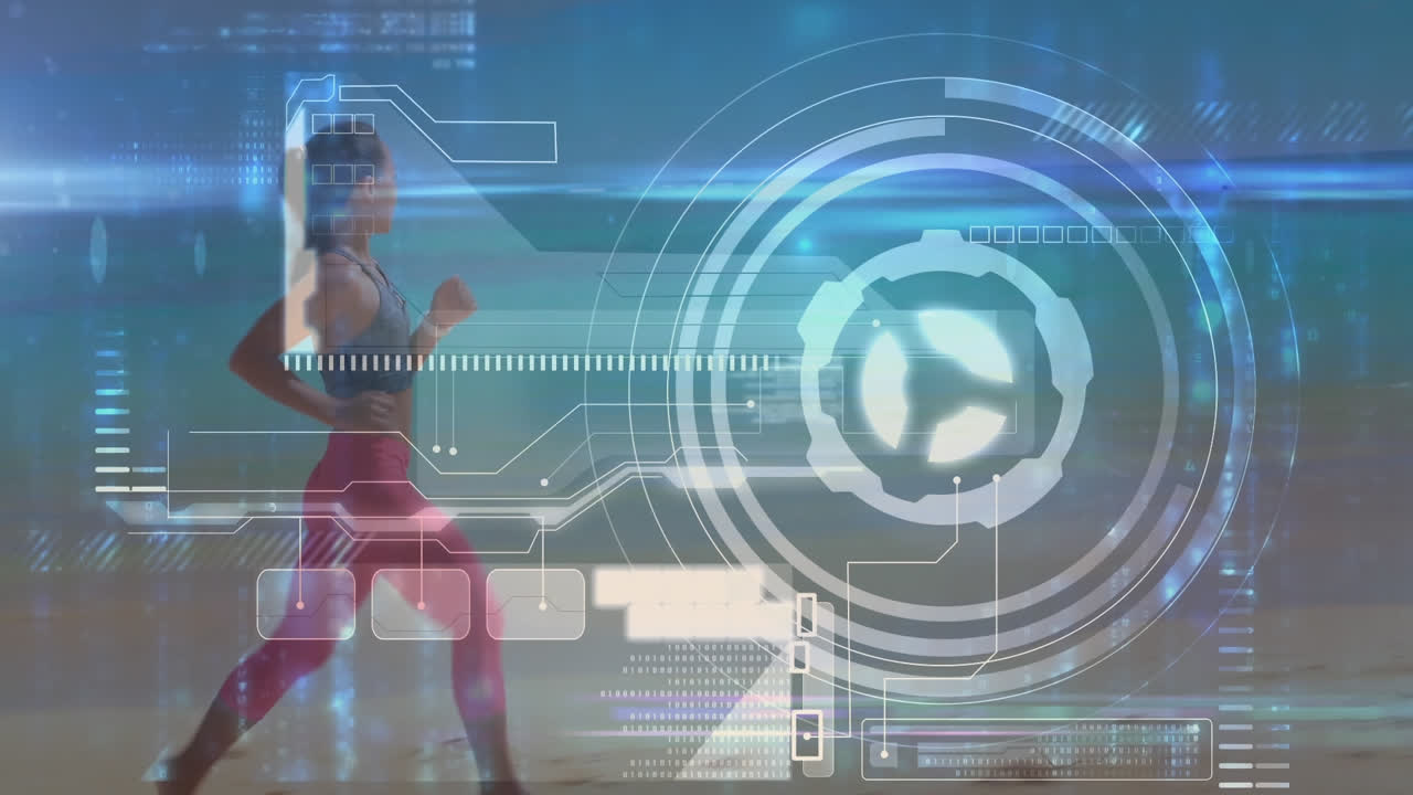 해변에서 달리는 건강한 여성에 대한 스 스캔과 데이터 처리의 애니메이션