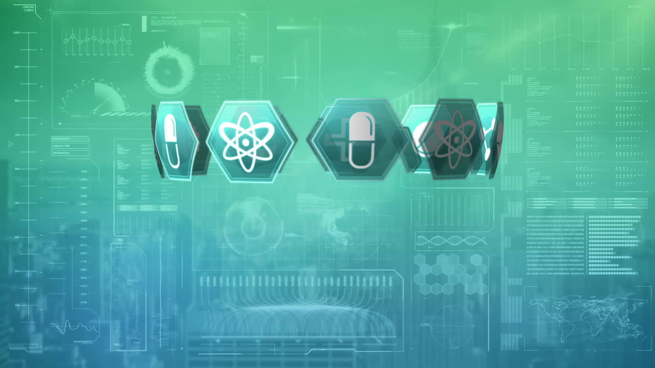 Internet icons in a cube with graphs