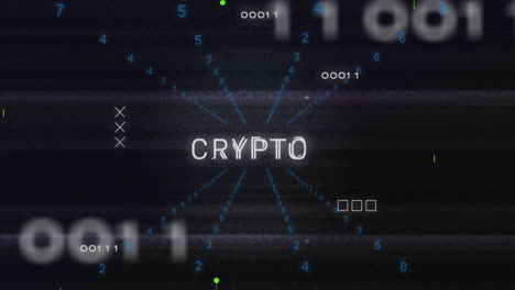 animation of crypto text with changing numbers and circuit board pattern against black background