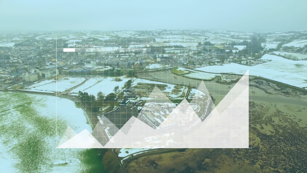 Rural snowy landscape being shown in aerial view featuring grid overlay coordinate label area chart