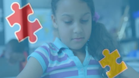 animation of puzzle pieces over biracial schoolgirlusing tablet