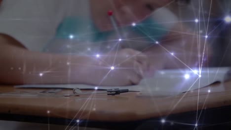 animation of a sad boy writing on book over a web of connected dots in the background