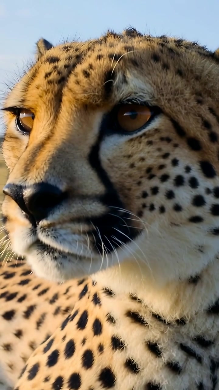 Vertical video: Staring adult cheetah turning head and tracking distant movement for prey on plain