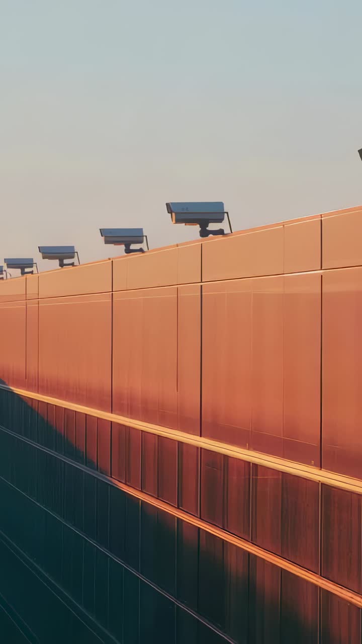 Vertical video: Panning camera tracking metal wall at rooftop, revealing box cameras and shiny trim