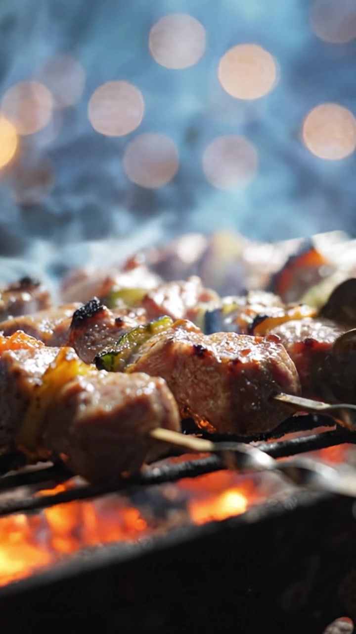 Spiedini deliziosamente grigliati su fiamme fumose di notte, che mettono in risalto carne succosa e verdure colorate per un'esperienza barbecue perfetta.