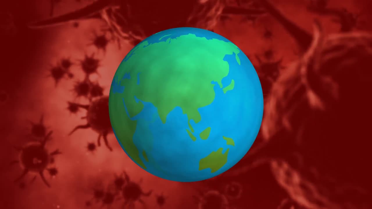 Animation d'un globe bleu tournant au-dessus de cellules biologiques flottantes sur un fond marron