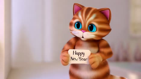 cute cartoon cat holding happy new year sign