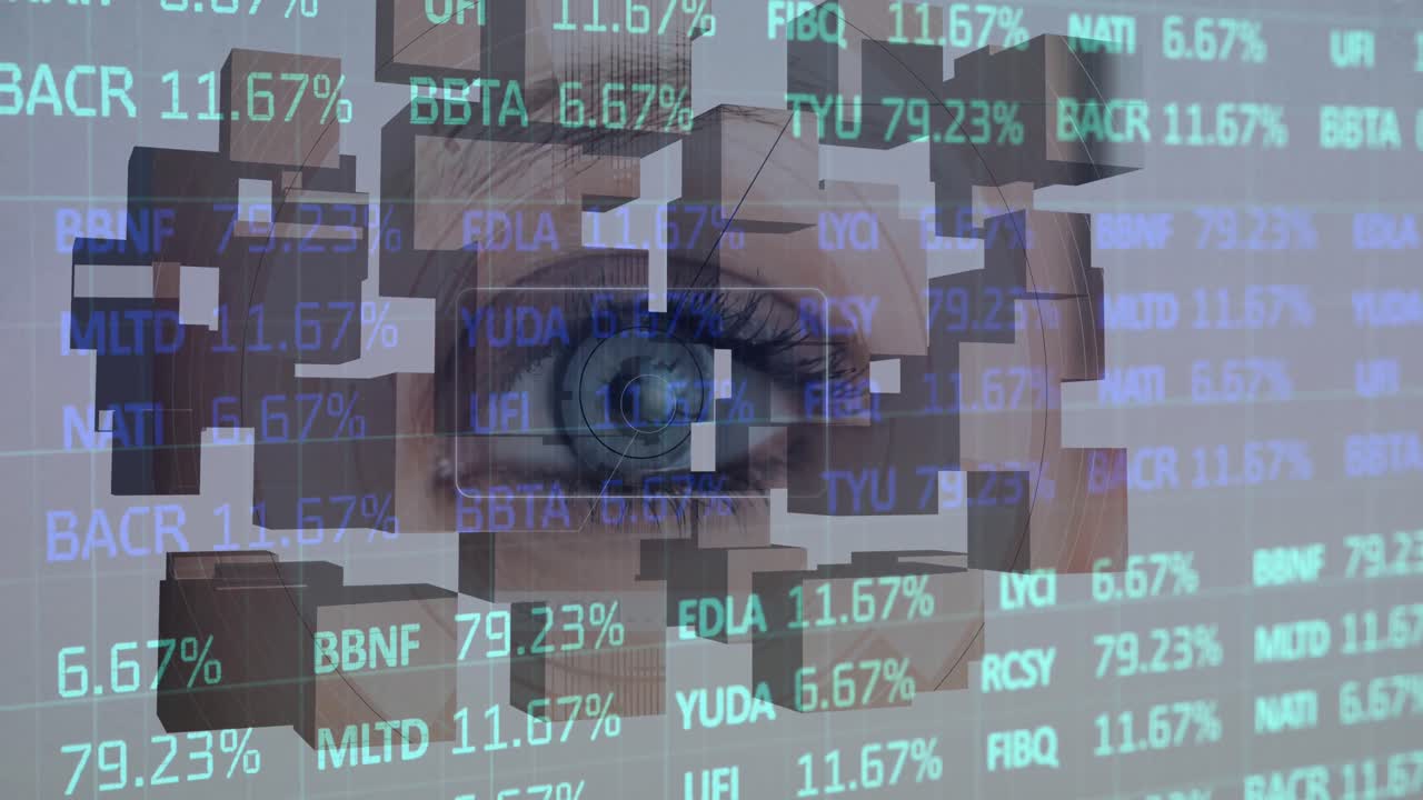 Animation of financial data processing and wooden blocks over woman's eye in background