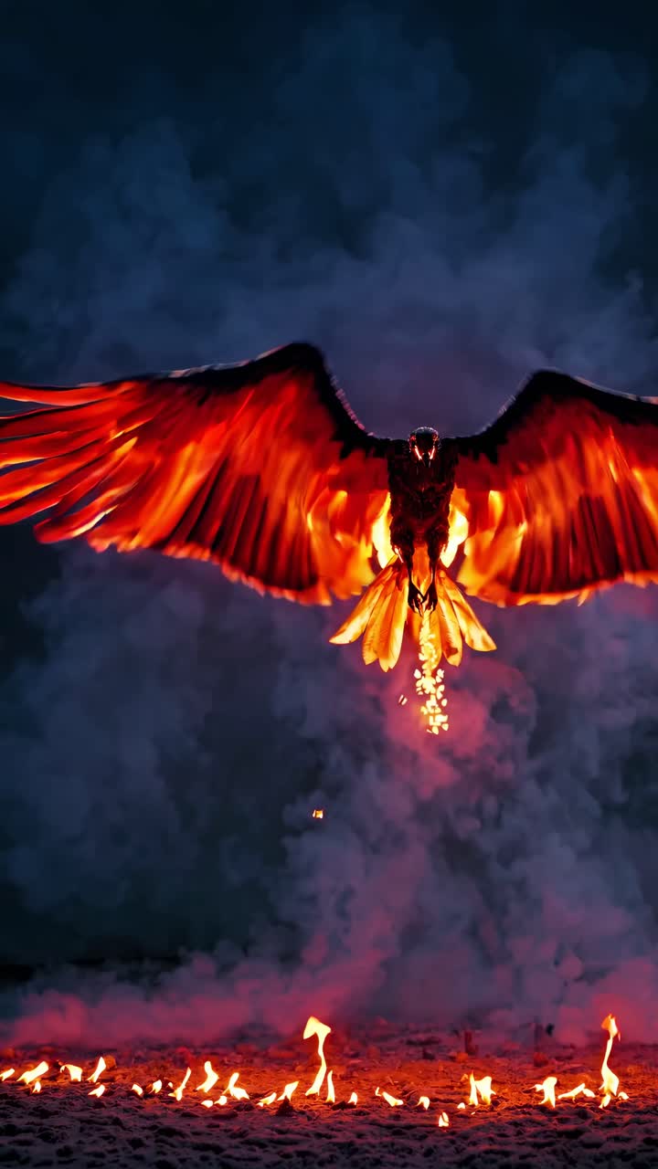 A fiery phoenix rises majestically from flames, captured from a low-angle, evoking a mythical