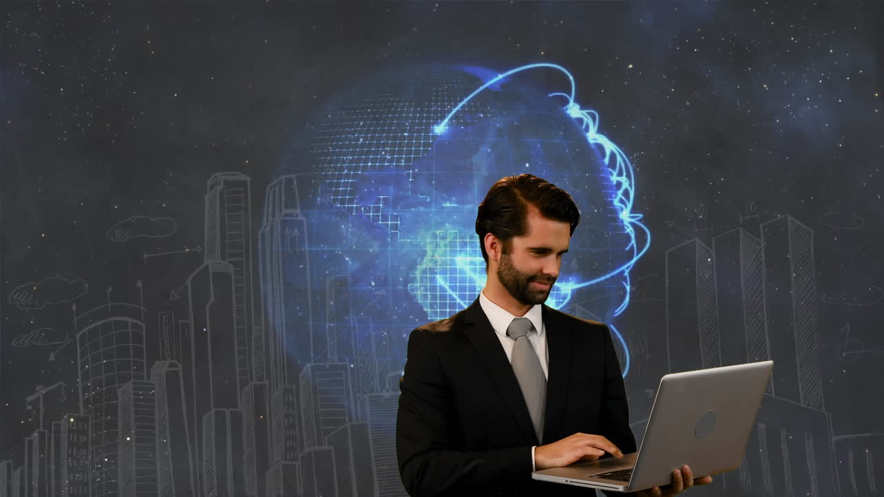 animación de un feliz hombre de negocios caucásico trabajando en una computadora portátil sobre la pantalla con el globo y el paisaje urbano