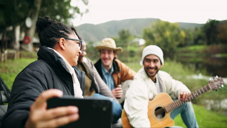 forest, selfie and friends at lake with guitar