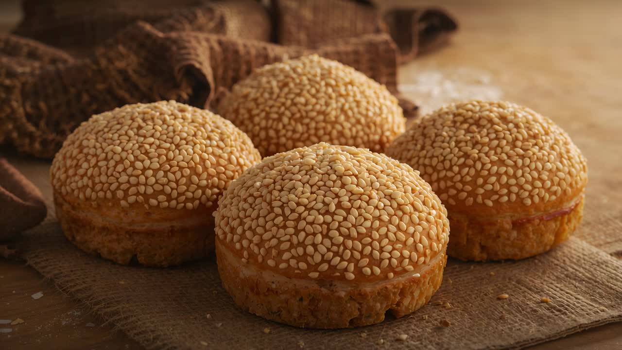 Starting push-in, camera moving closer to four sesame buns on burlap cloth, revealing seeds