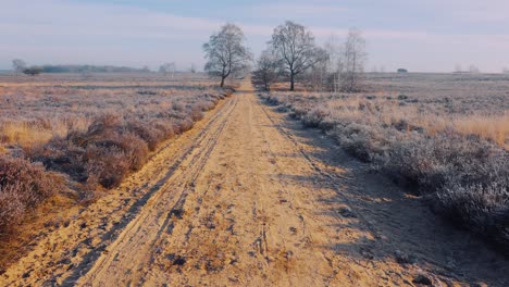 Malerische-Leere-Unbefestigte-Landstraße-Im-Sonnigen-Winter