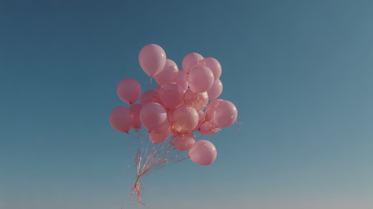 A Vibrant Bunch of Pink Balloons Floating Against a Clear Blue Sky, Capturing the Essence of Joy and Celebration, Perfect for Special Occasions and Memories