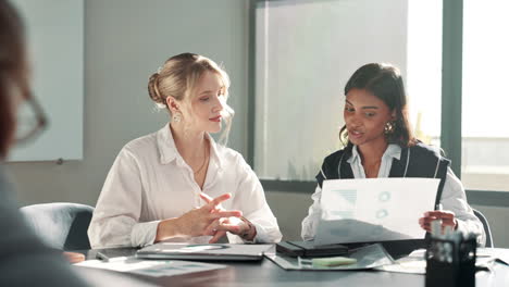business meeting with two women discussing charts in an office