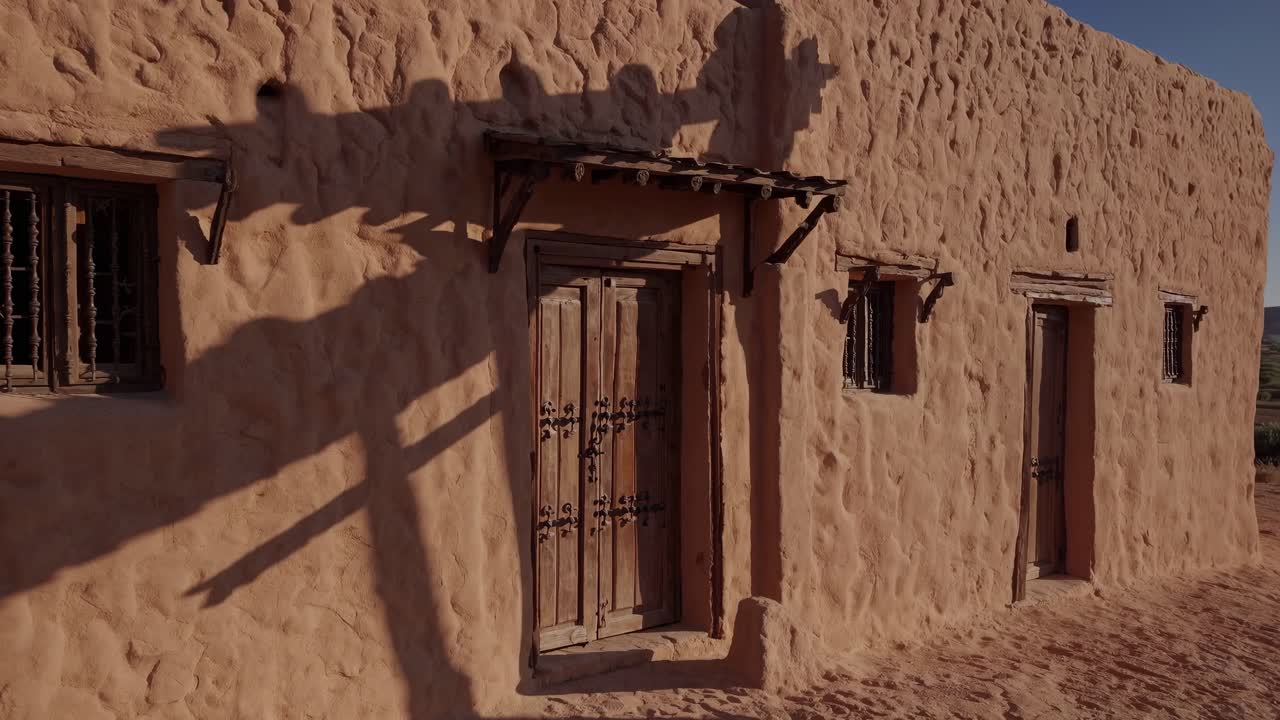 Warm sunlight illuminating a kasbah in the desert, showcasing traditional Moroccan architecture and the serene beauty of the surrounding landscape at sunset