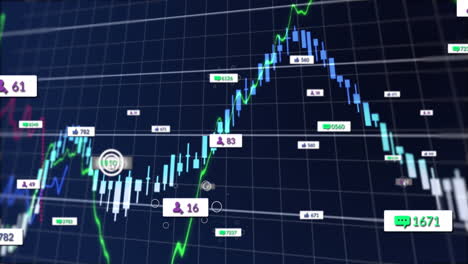 Animation-of-social-media-icons-and-financial-data-processing-against-blue-background