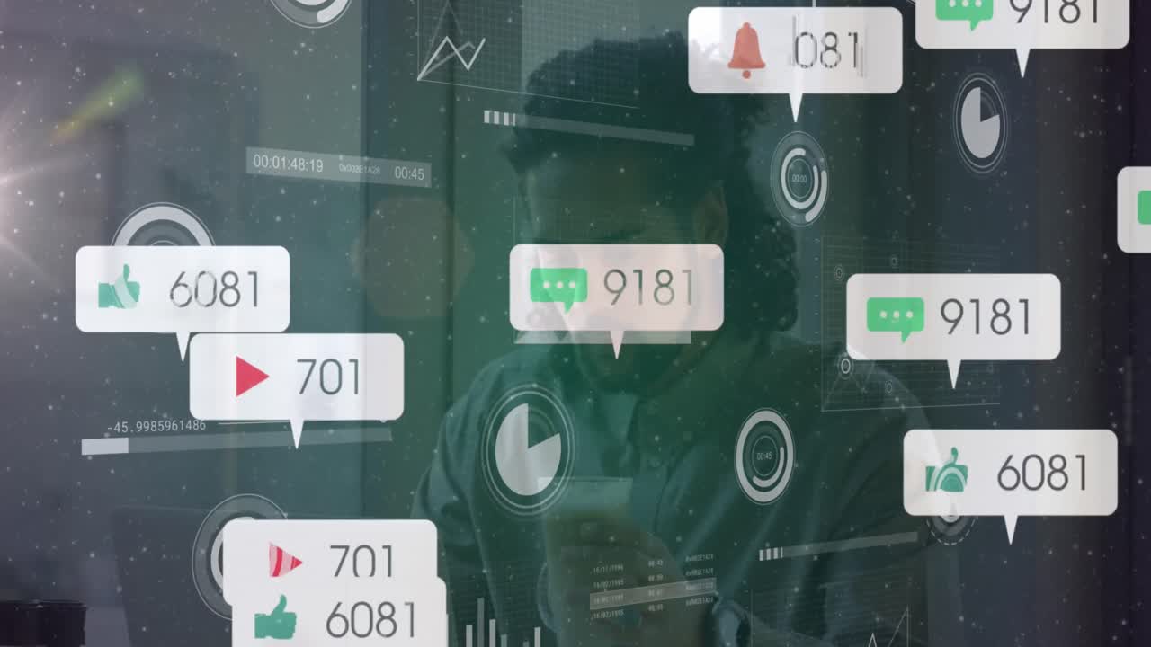 Animation of social media icons with connections over biracial man using laptop