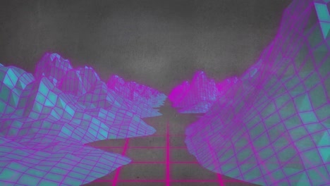 Animation of digital mountains with grid pattern moving against gray background