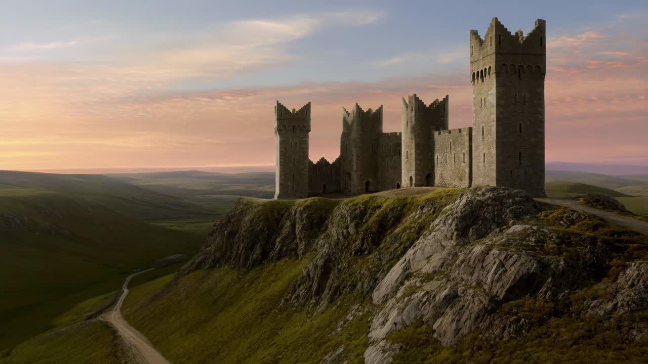 Ancient Castle on a Rocky Cliff at Sunset