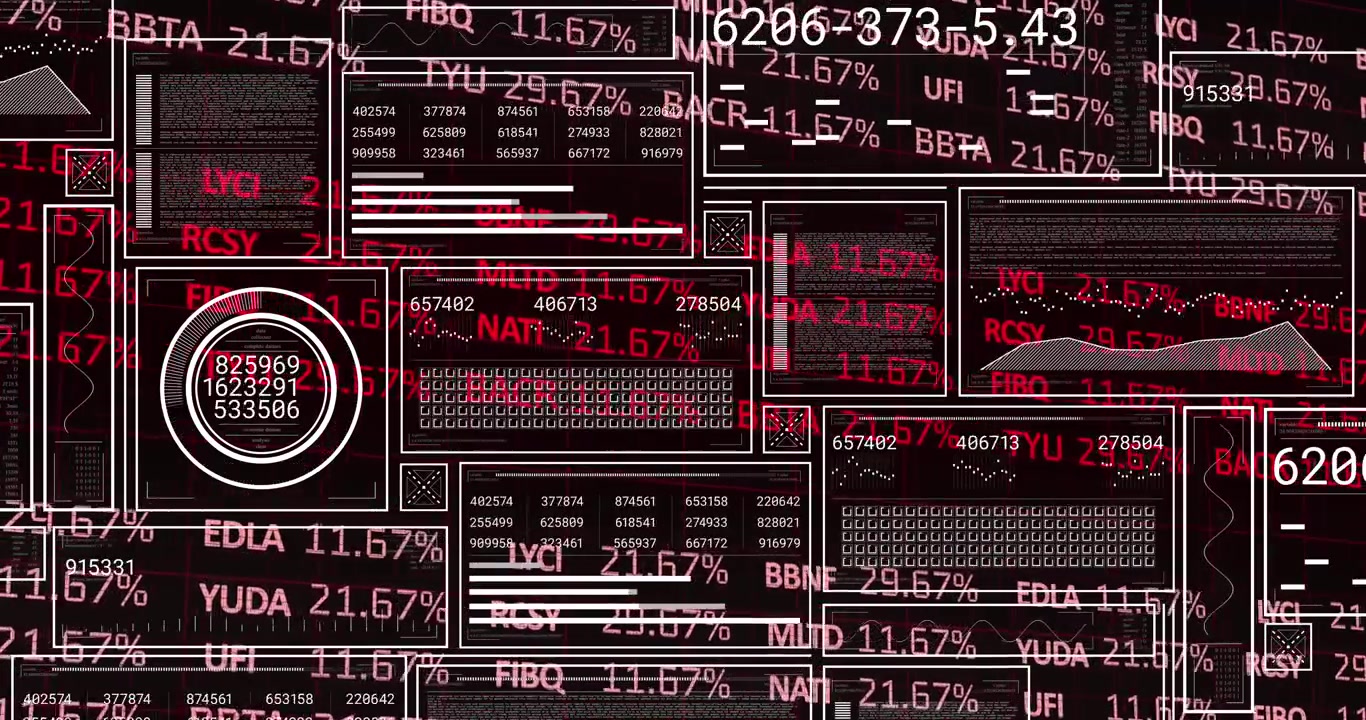 Animation af finansiel databehandling over mørk baggrund