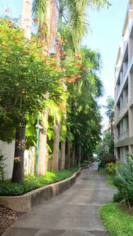 a peaceful walkway flanked by lush greenery and buildings