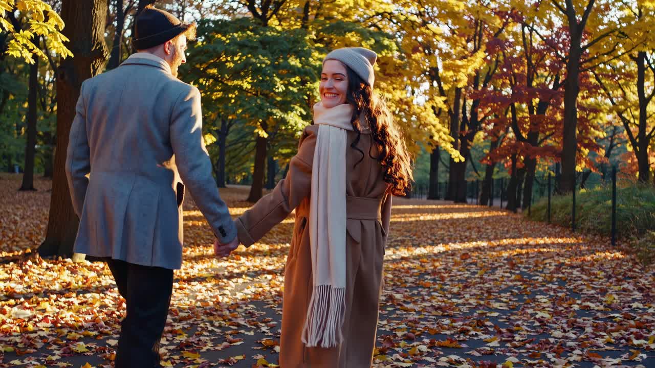 A couple walks hand in hand through a sunlit autumn park, captured from a low-angle video