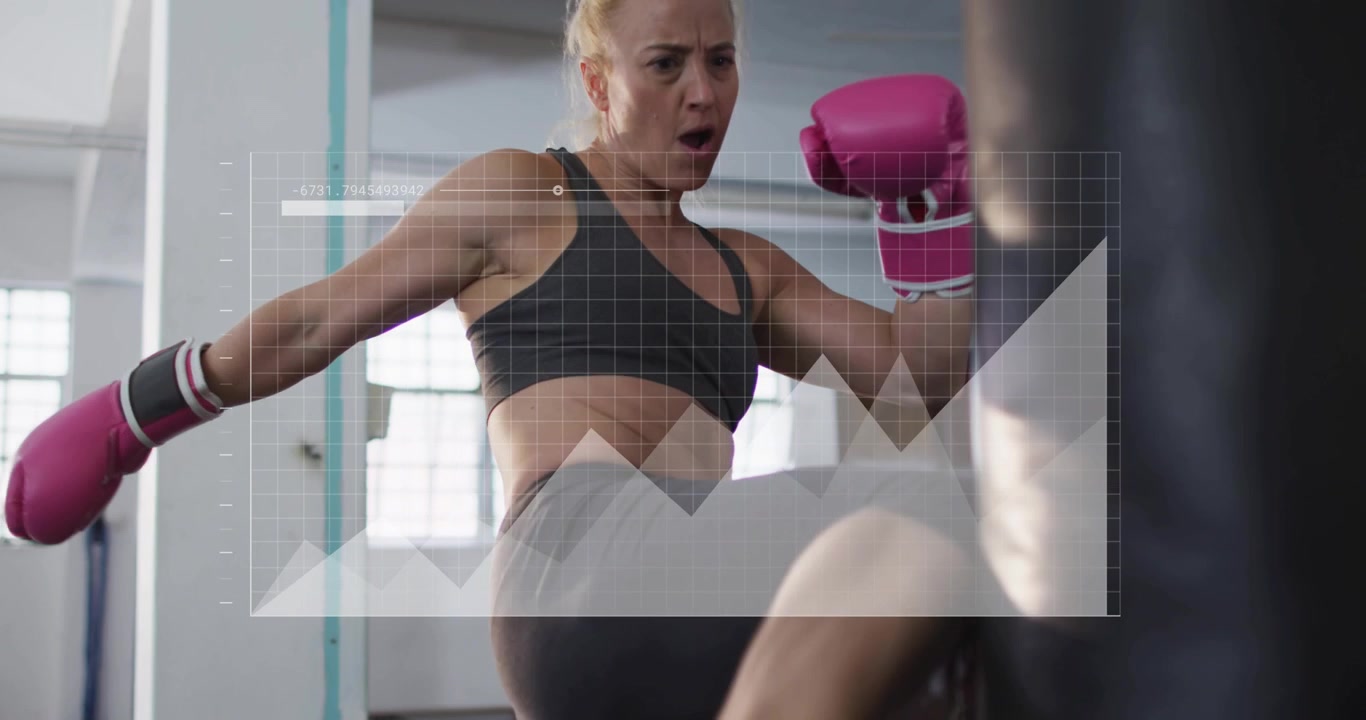 Woman starting boxing routine by stepping forward, striking bag, animated chart reacting to strikes