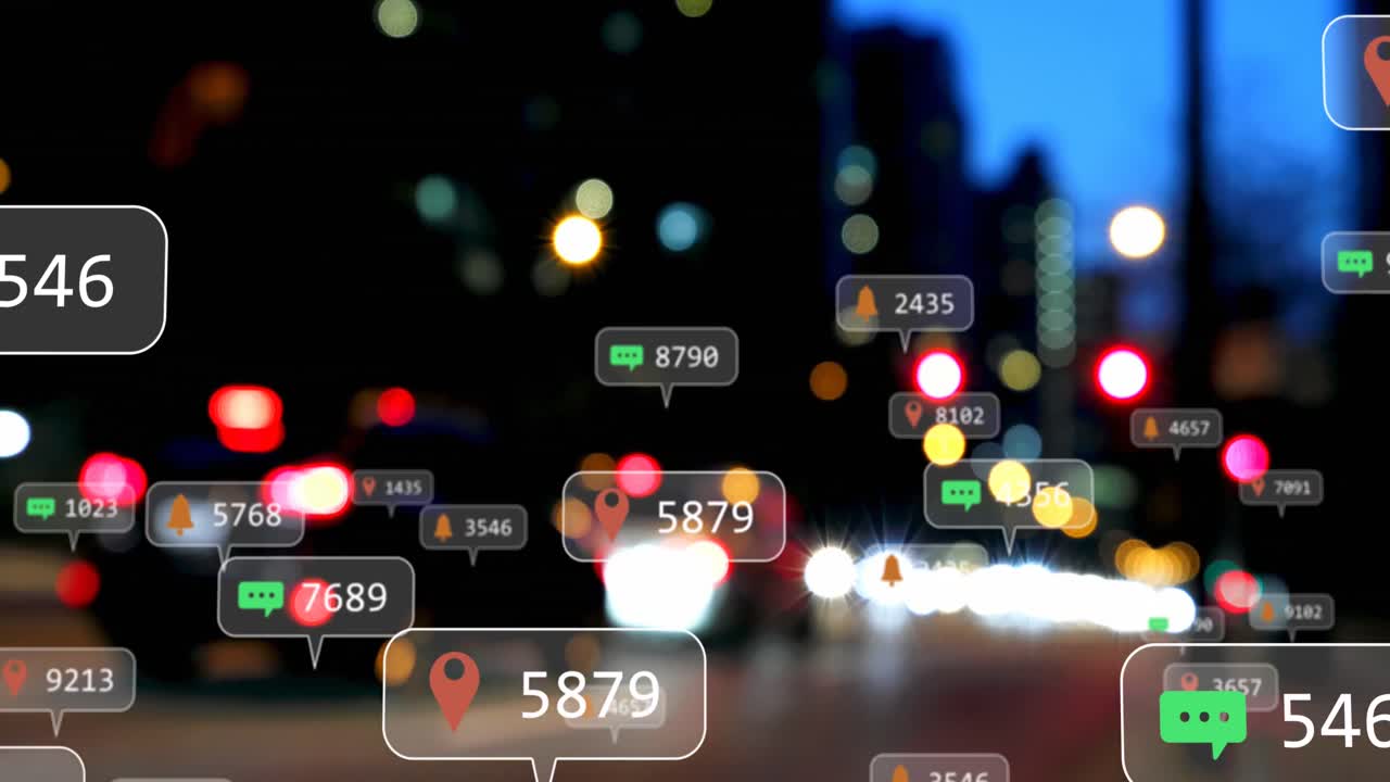 Animation of social media icons and numbers over out of focus city and road traffic lights