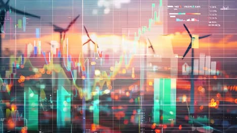 a city skyline with a large number of wind turbines and a large screen with graphs and numbers. scene is one of progress and innovation, as the turbines