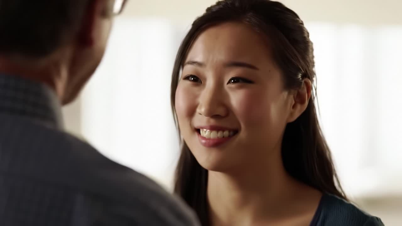 A young woman engages in an animated discussion with an older man, both smiling and enjoying each other's company in a comfortable indoor environment.