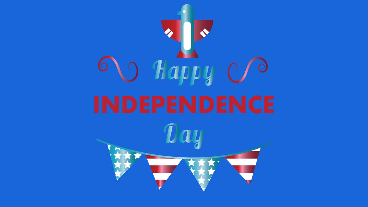 7월 4일 독립기념일의 애니메이션 파란색 원과  ⁇ 색 배경의 텍스트