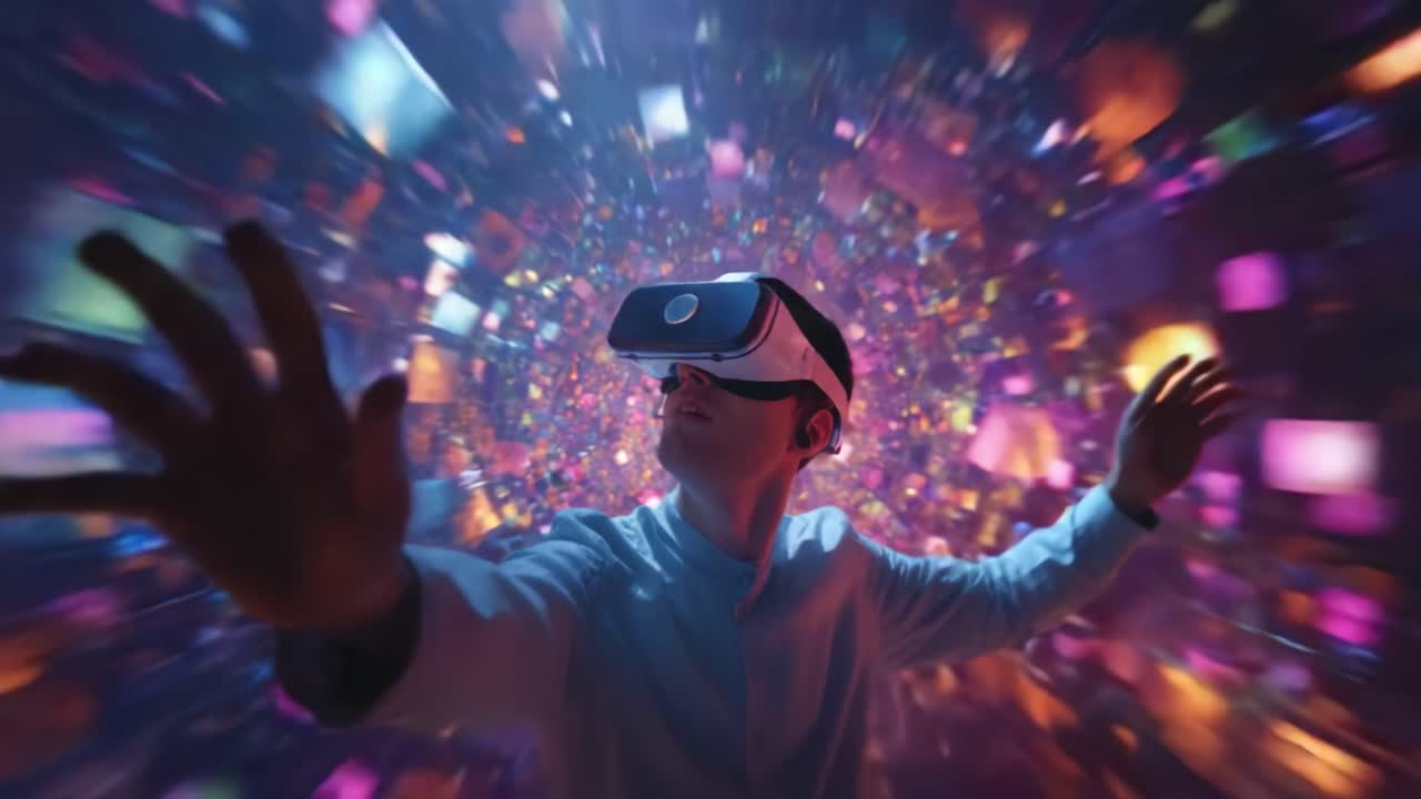 A Captivating Journey Through Virtual Reality: An Enthusiast Engaging with Dynamic Digital Environments and Immersive Visual Effects in a Hypnotic VR Experience