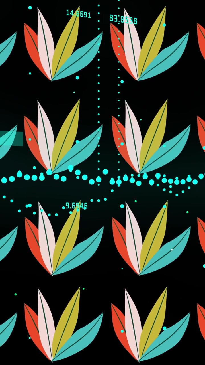 Animation of rows of leaves over graph and data processing on black background