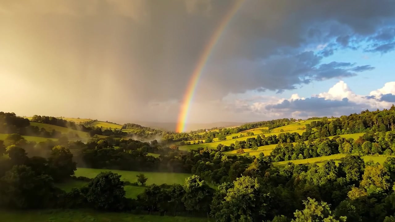 Pelangi yang Memukau Melengkung di Atas Bukit dan Ladang Hijau Subur, Diterangi Cahaya Hangat Sinar Matahari Pasca Badai dalam Pemandangan Alam yang Tenang