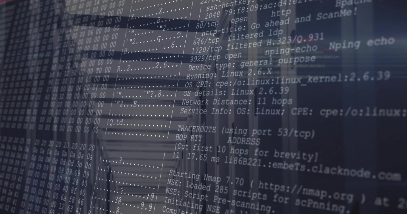 Digital Code and Data Scrolling Over Server Racks