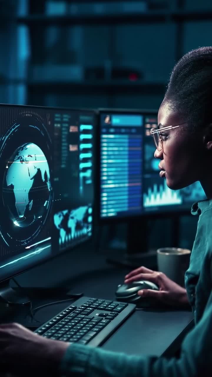 Side angle of a focused analyst in a dark room, studying data on multiple screens