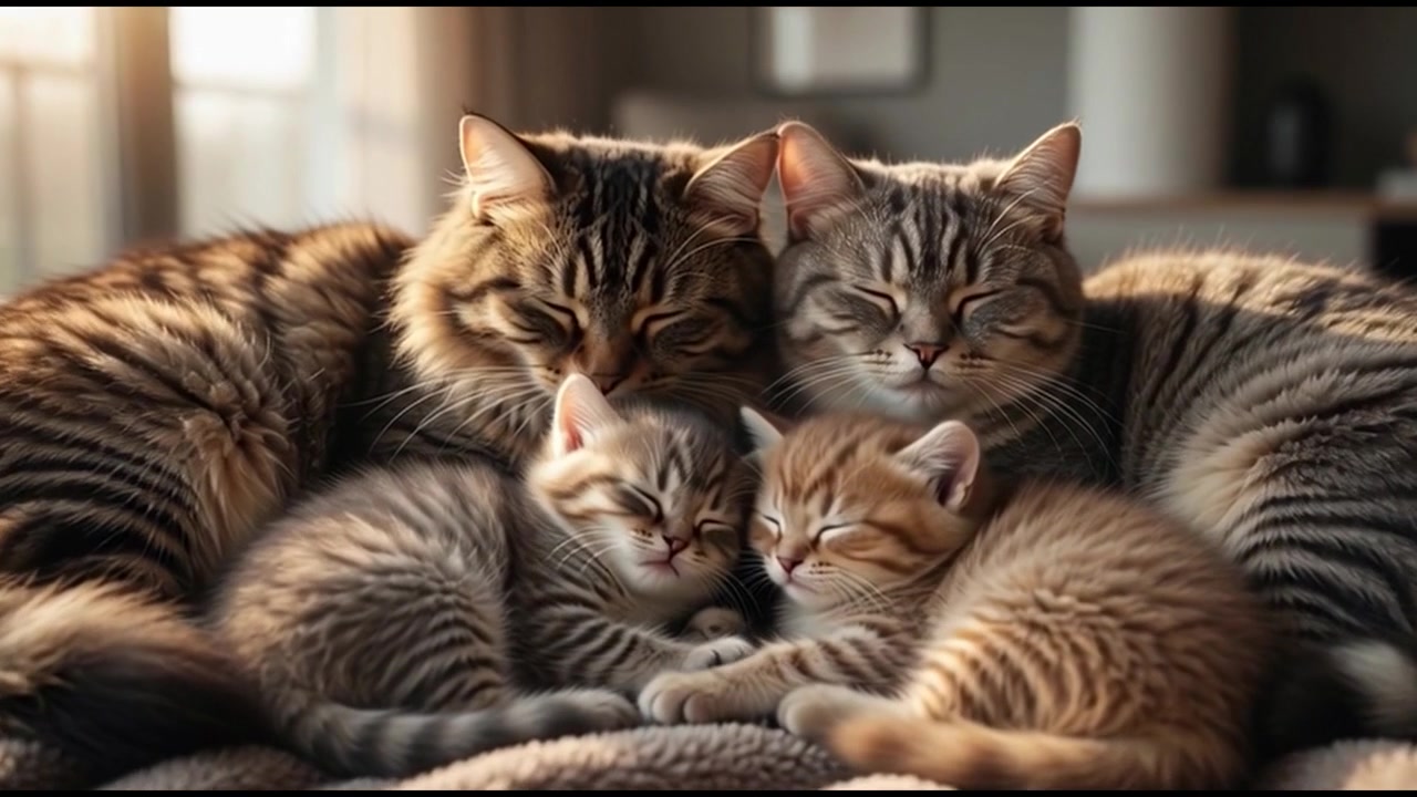 Famiglia di gatti soriani che dorme insieme su una morbida coperta