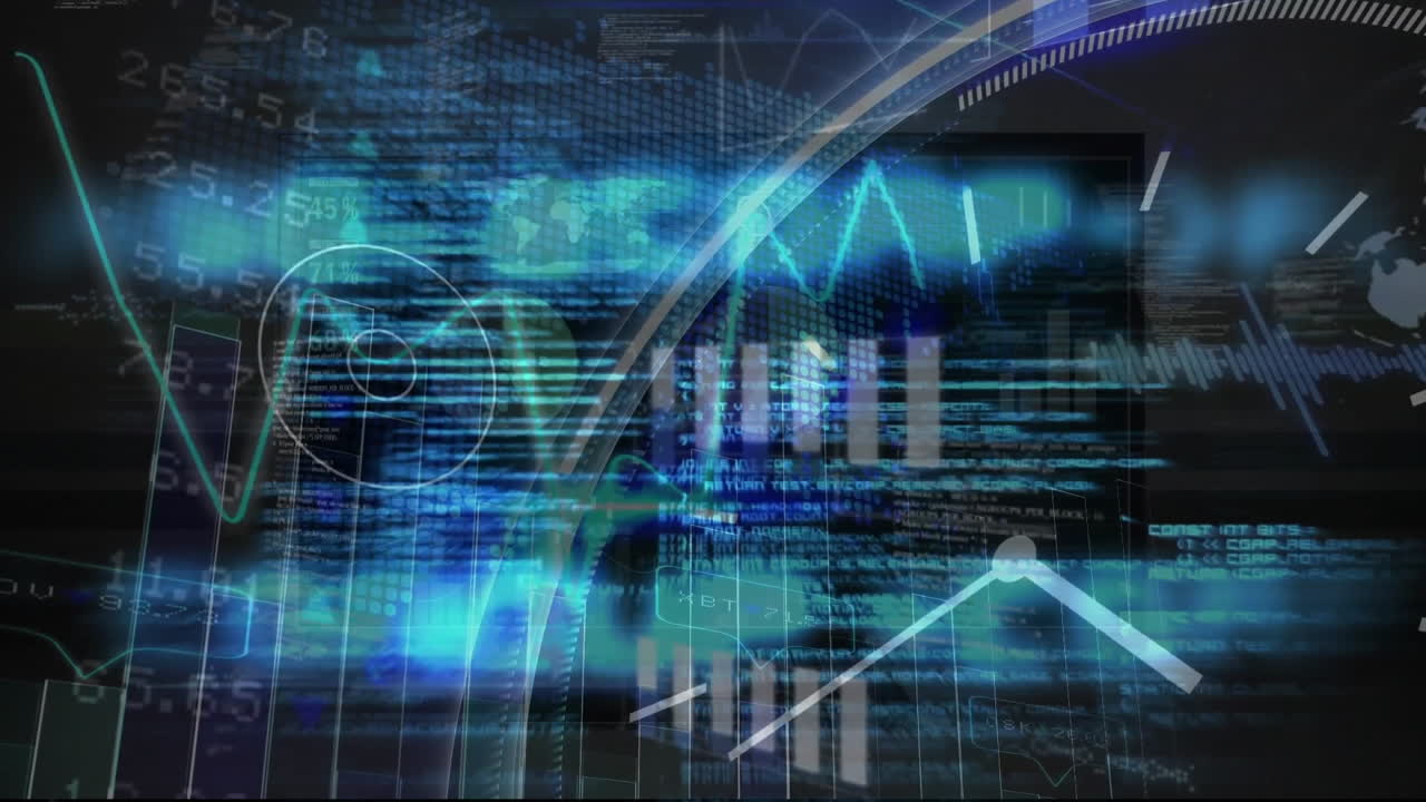 animación de gráficos, relojes, globos, tablero de negociación y lenguaje informático sobre fondo negro