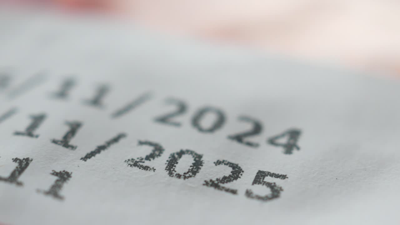 Close-up of a date stamp with the years 2024 and 2025 printed on paper.