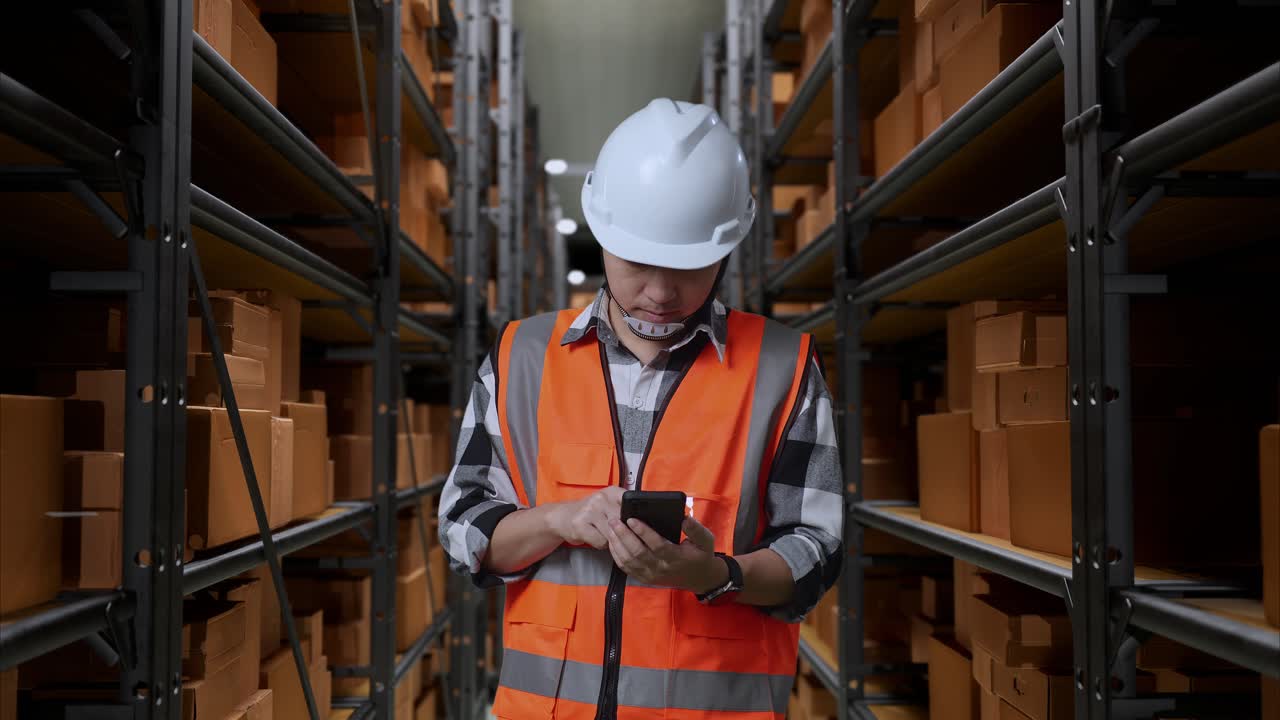 ingeniero masculino asiático con casco de seguridad usando un teléfono inteligente mientras está de pie en el almacén con estantes llenos de productos de entrega