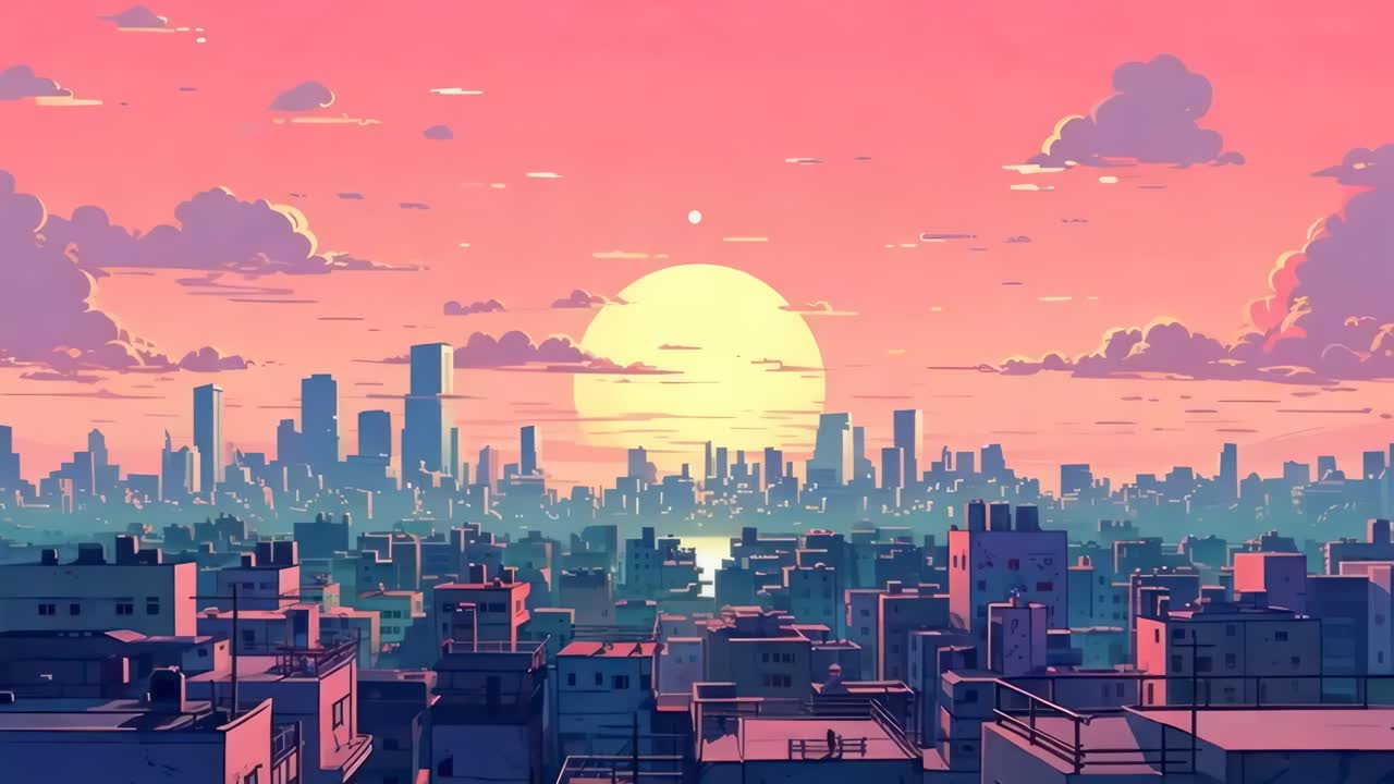 Vista aerea di un paesaggio urbano al tramonto, caratterizzato da una palette di colori retrò e pastello