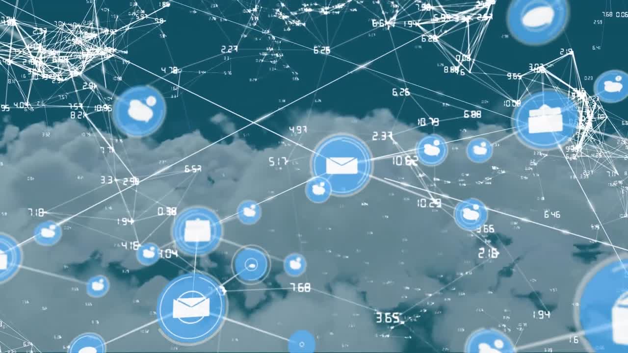 Animation of network of connections and digital icons against clouds in the sky