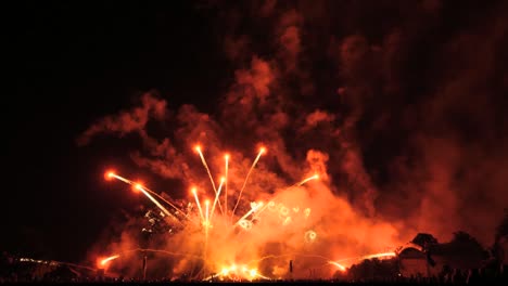 espectáculo de fuegos artificiales rojos, blancos y rosados en cámara lenta