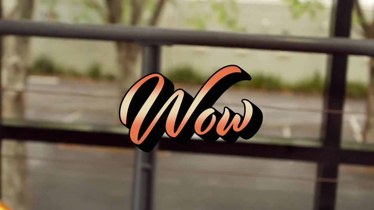 animación del texto wow en gradiente naranja sobre la mujer corriendo el relevo