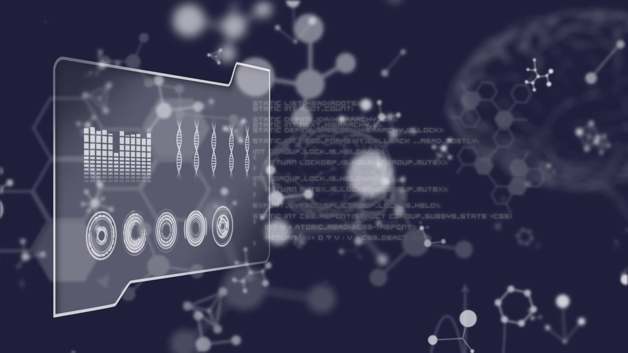 Animation of molecules and human brains floating with data processing